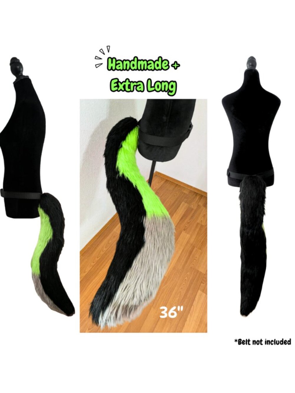 Handmade Neon Green Furry Black Wolf Therian Faux Fur Tail 36” Cosplay Costume
